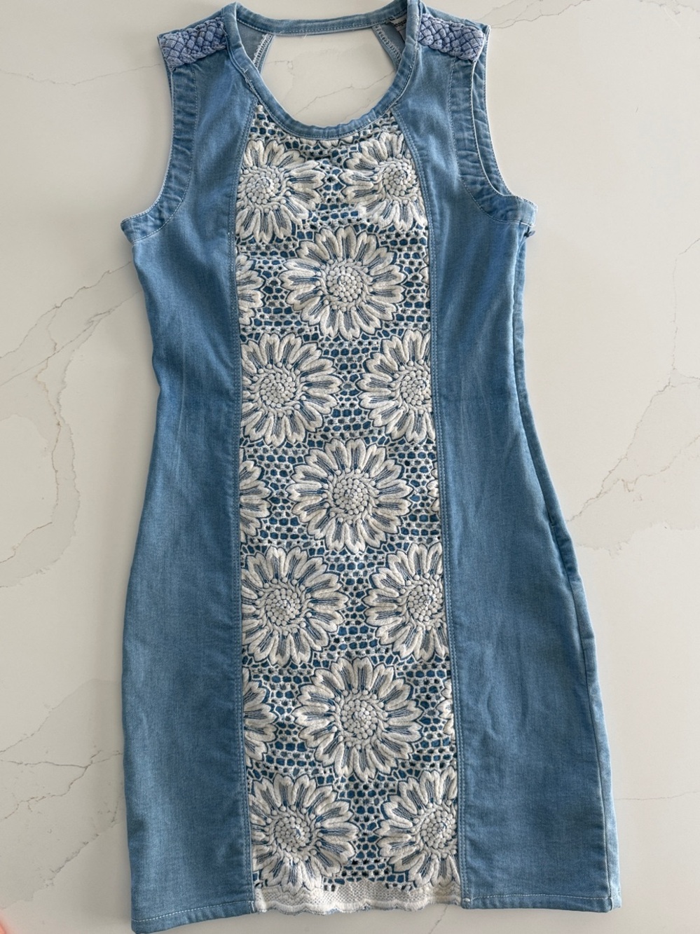 Desigual Blue Denim Dress with White Floral Crochet Panel
